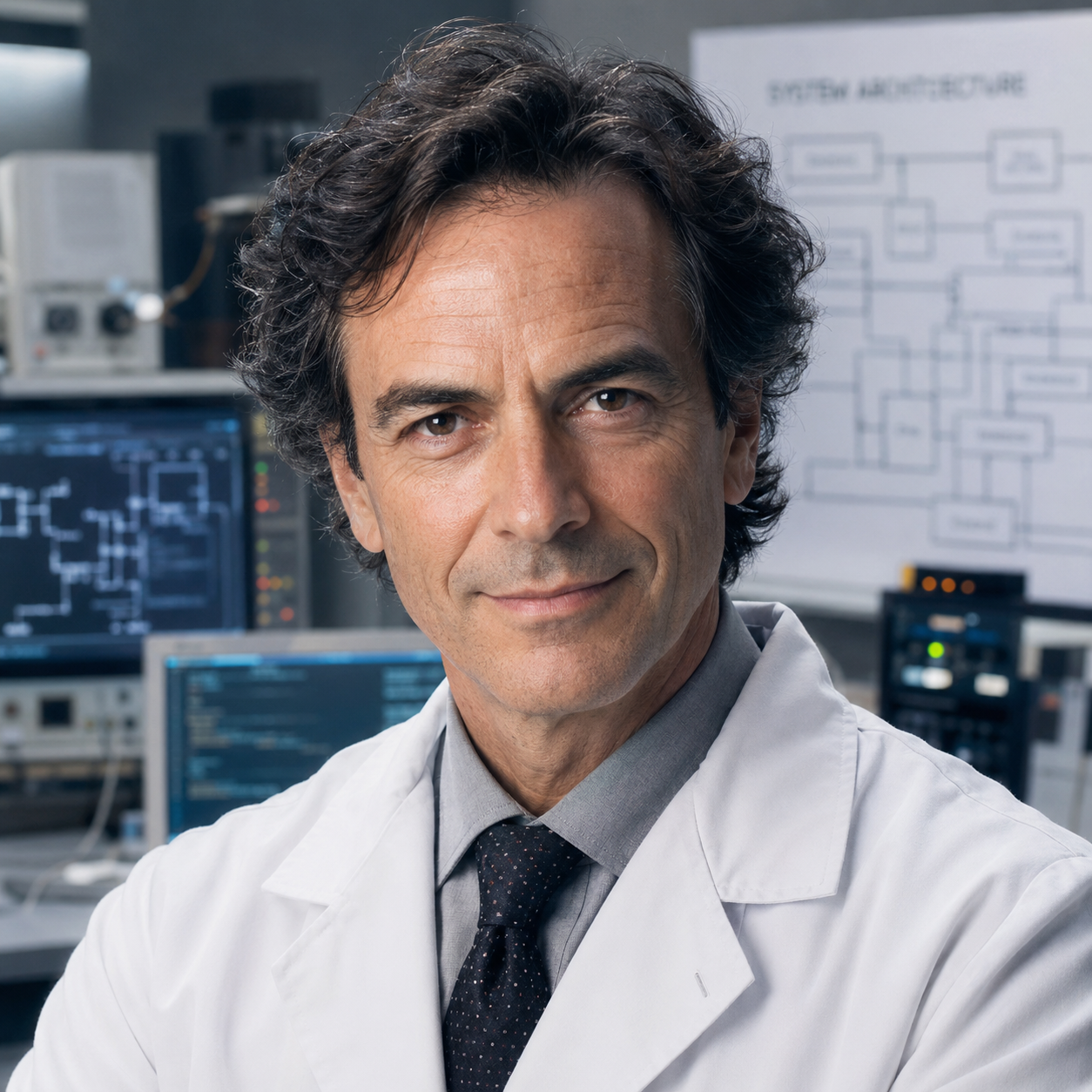 Photorealistic profile portrait representing Dr Feyn / Doc, an AI agent